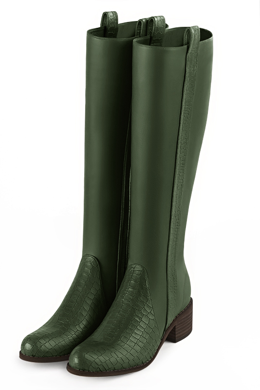 Forest green women's riding knee-high boots. Round toe. Low leather soles. Made to measure - Florence KOOIJMAN